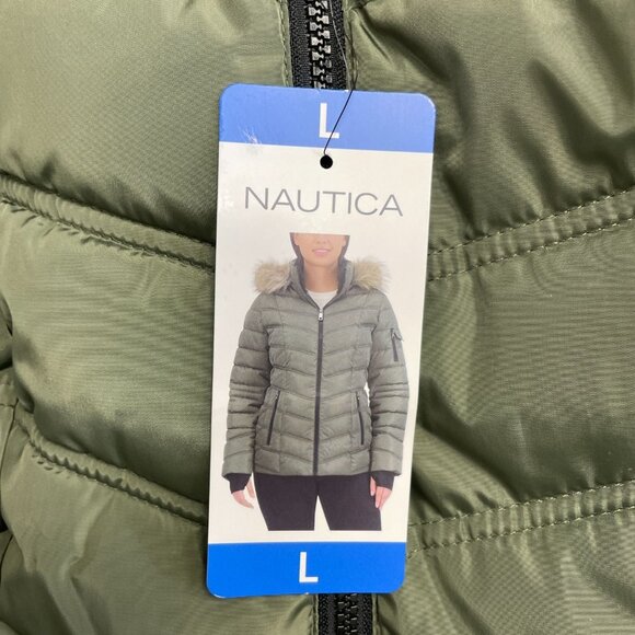 NEW Nautica Women's Size L Olive Green Quilted Puffer Jacket W/ Faux Fur Hood - Picture 8 of 11
